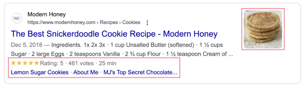 Image that shows a rich snippet, where Google has expanded the search result to include an image, rating, review count and time estimate.