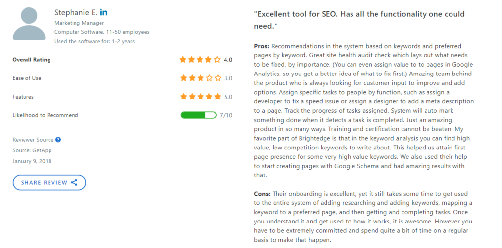 screenshot of a review from a customer