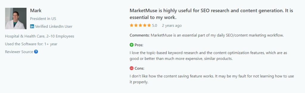 screenshot a review for marketmuse