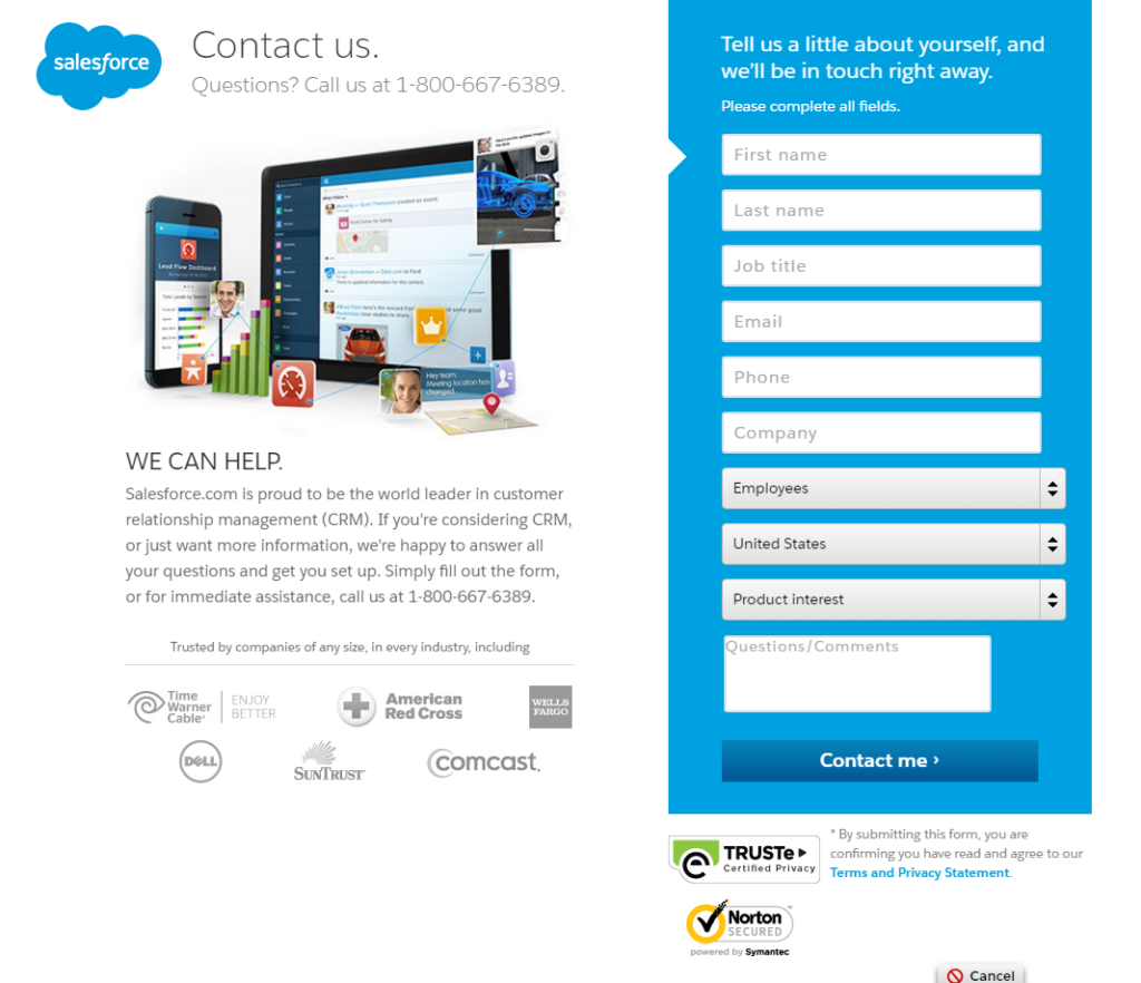 screenshot of salesforce contact us page