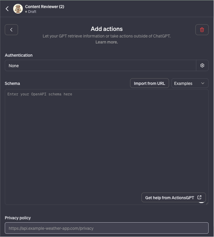 screenshot in chatgpt where you can add actions